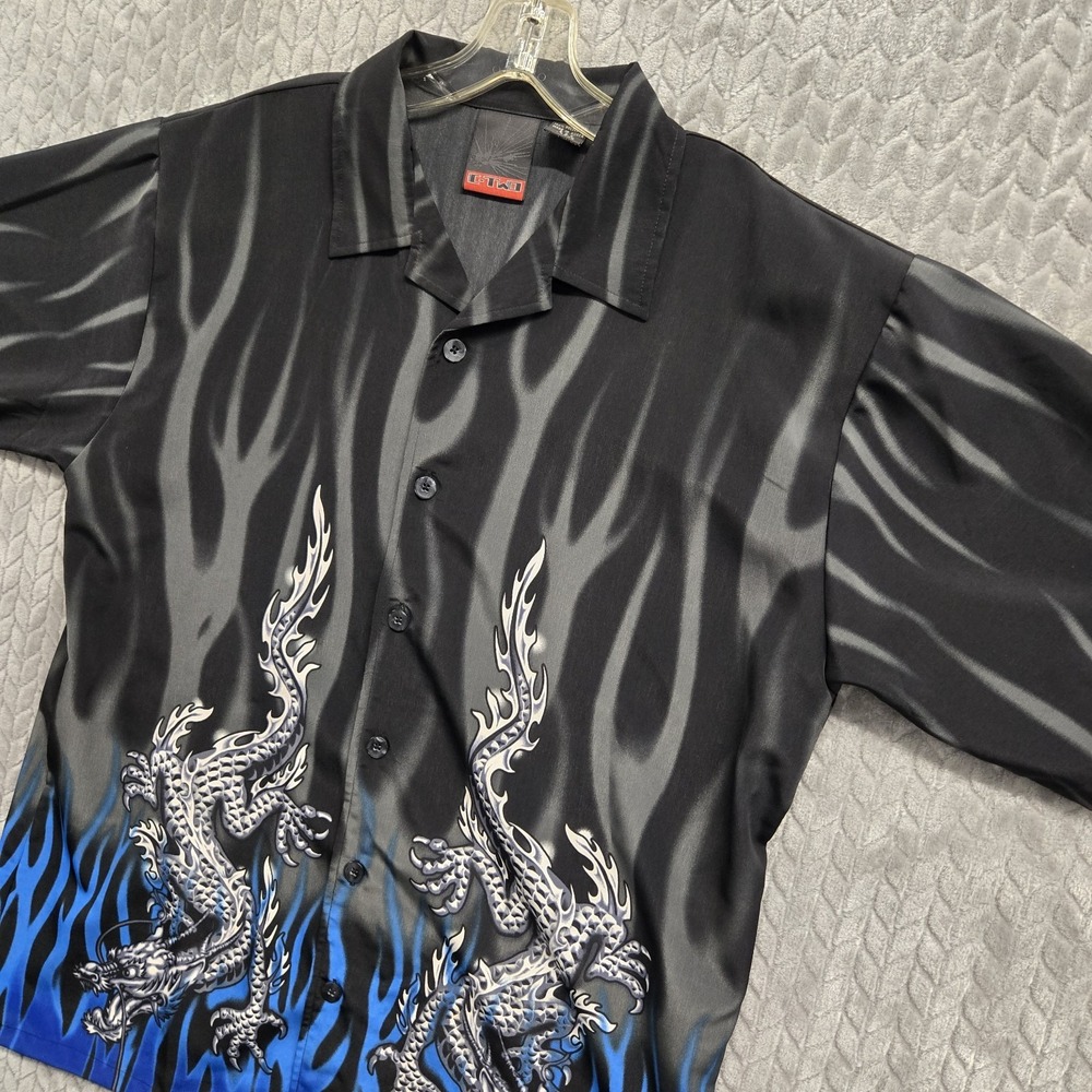 C-Two Shirt Mens Large Y2K‎ Vintage Dragons Blue Flames Button Down Rave Rare